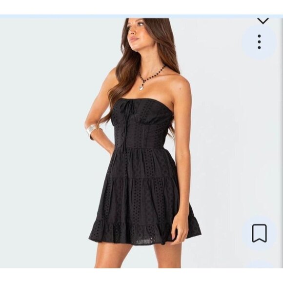 Edikted Liora Lacy Cotton Mini Dress Black Strapless Eyelet Ruffled Feminine - Picture 2 of 14